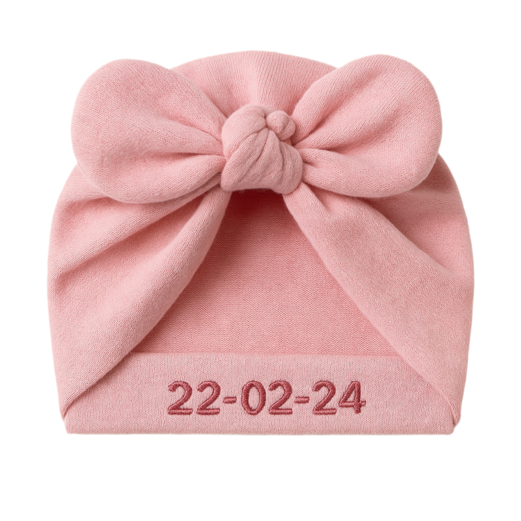 Geboorte muts met strikje (gepersonaliseerd)